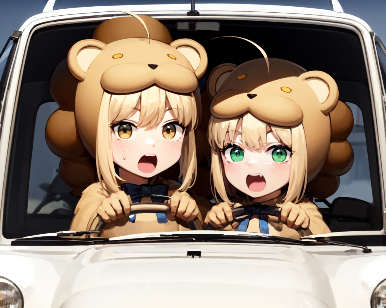 48550-3147243284-power_crashes_kobeni's_car_(meme), chibi, saberlio, ahoge, (animal costume, lion) blue bow, _lora_saberlio_V2-10_1_ _lora_kobeni.png